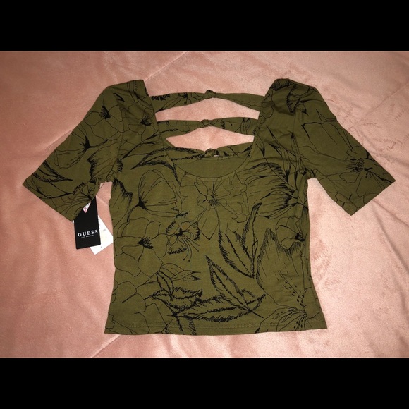 Guess Cayla Cropped Top Army Green Florals Small - Picture 3 of 7
